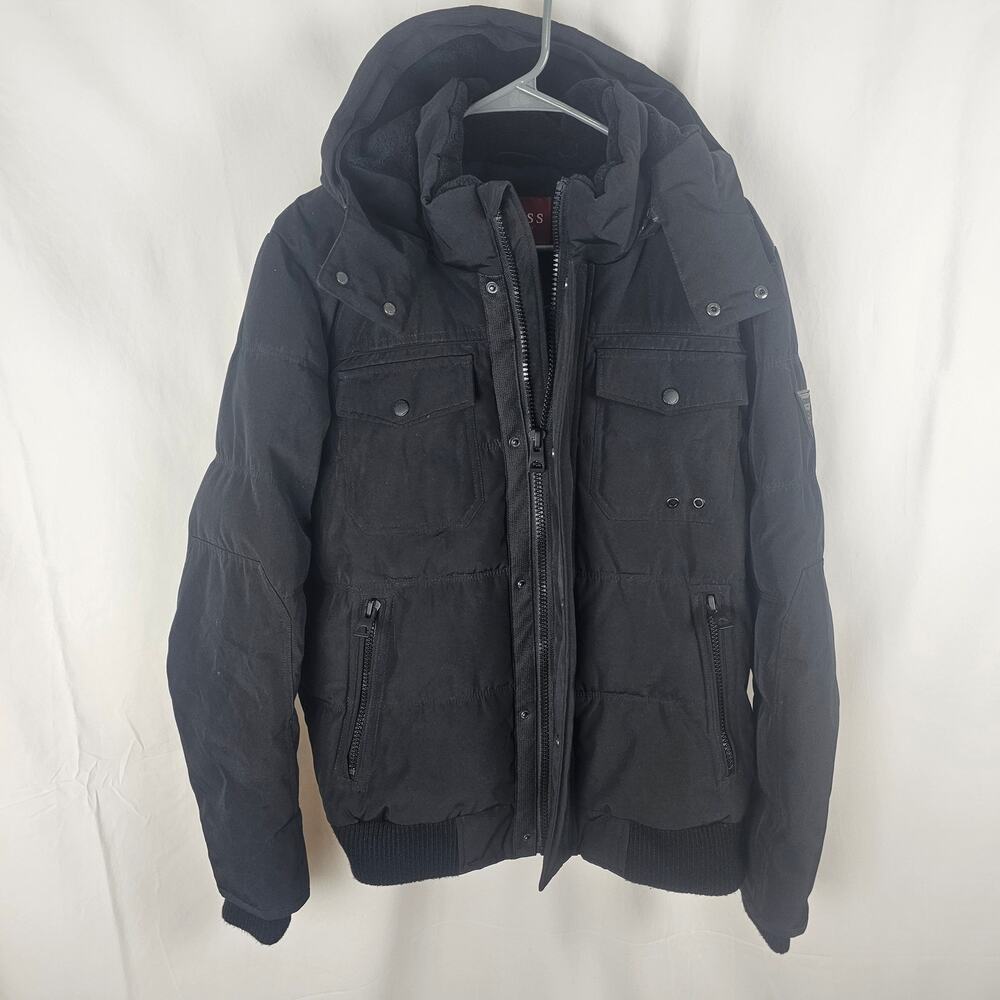 GUESS Los Angeles Modern Black Hooded Puffer Jacket Mens M Utility Streetwear